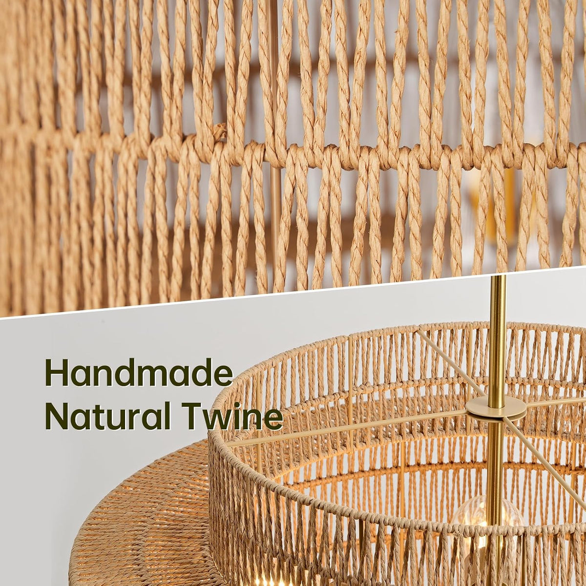 24" Rattan Chandelier for Dining Room, Large Boho Pendant Light