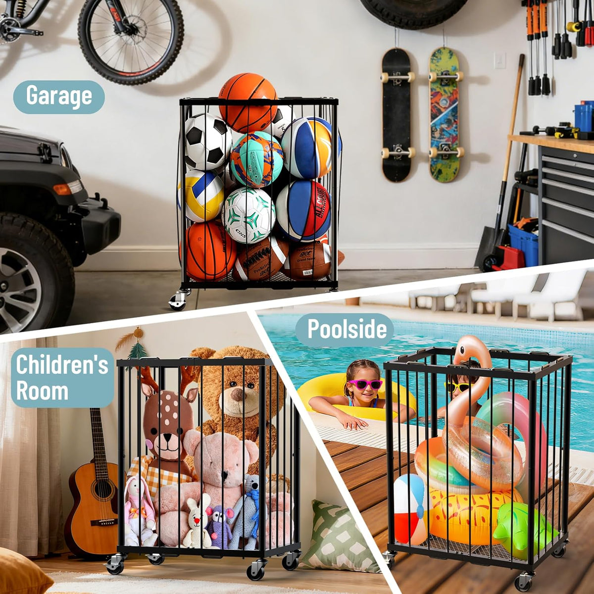 TomCare Garage Ball Storage Rack, Rolling Sports Cart with Lockable Wheels