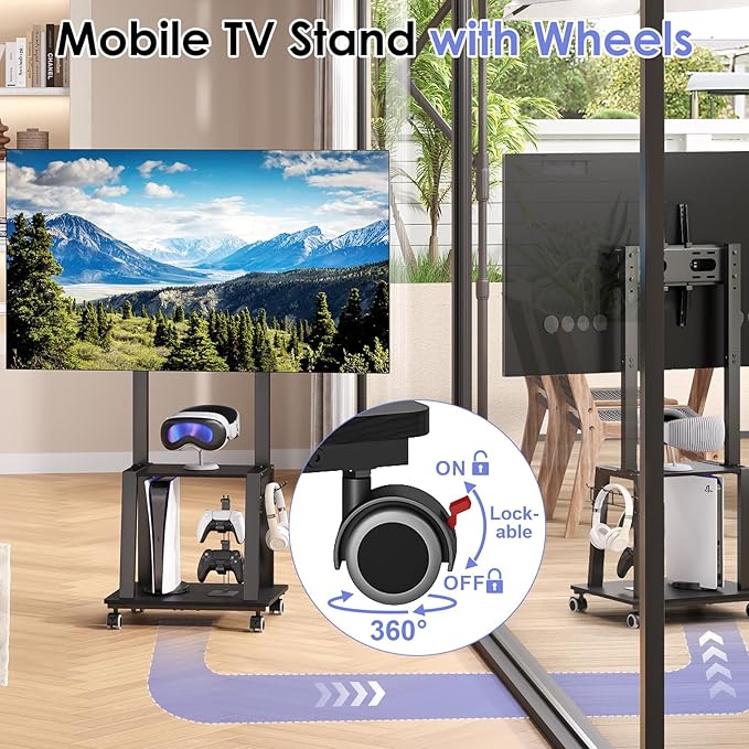 Rolling TV Stand on Wheels for 23-60Inch Flat/Curved Screen TVs, Tilt Mobile TV