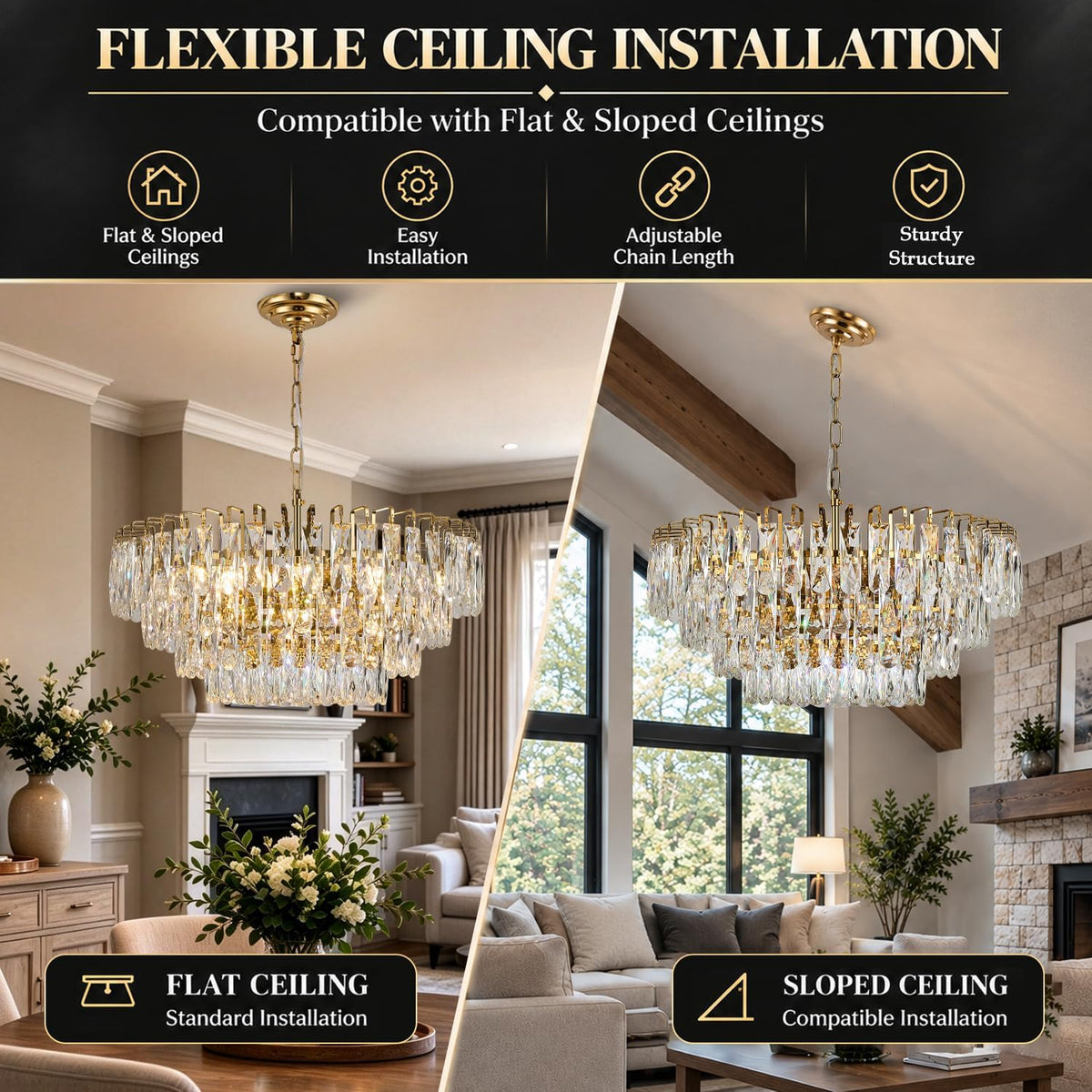 Gold Round Crystal Chandelier, 20 Inch 8-Light Raindrop Pendant Light