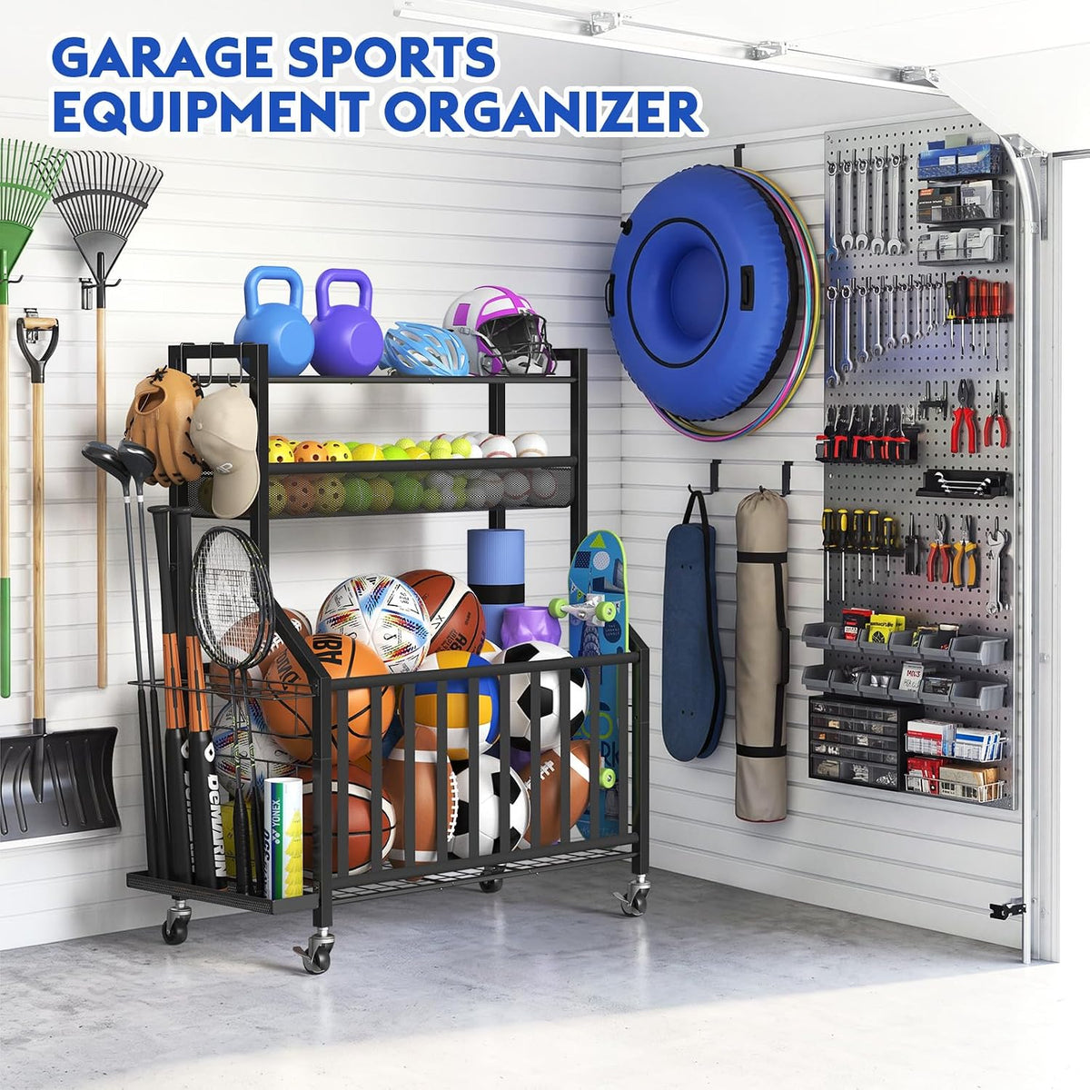 Samstar Garage Sports Equipment Organizer, Ball Storage Rack with Wheels