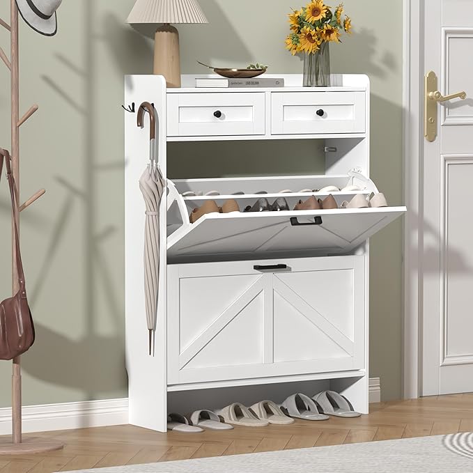 Shoe Cabinet with 2 Flip Drawers & 2 Storage Drawers, Rustic Farmhouse Na...