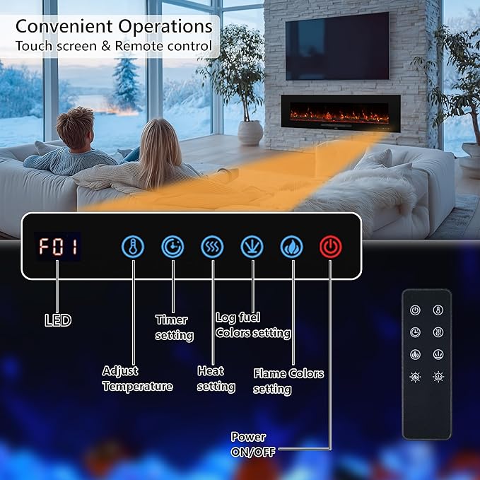 72" Electric Fireplace, Recessed & Wall Mounted Fireplace Heater 13 ...