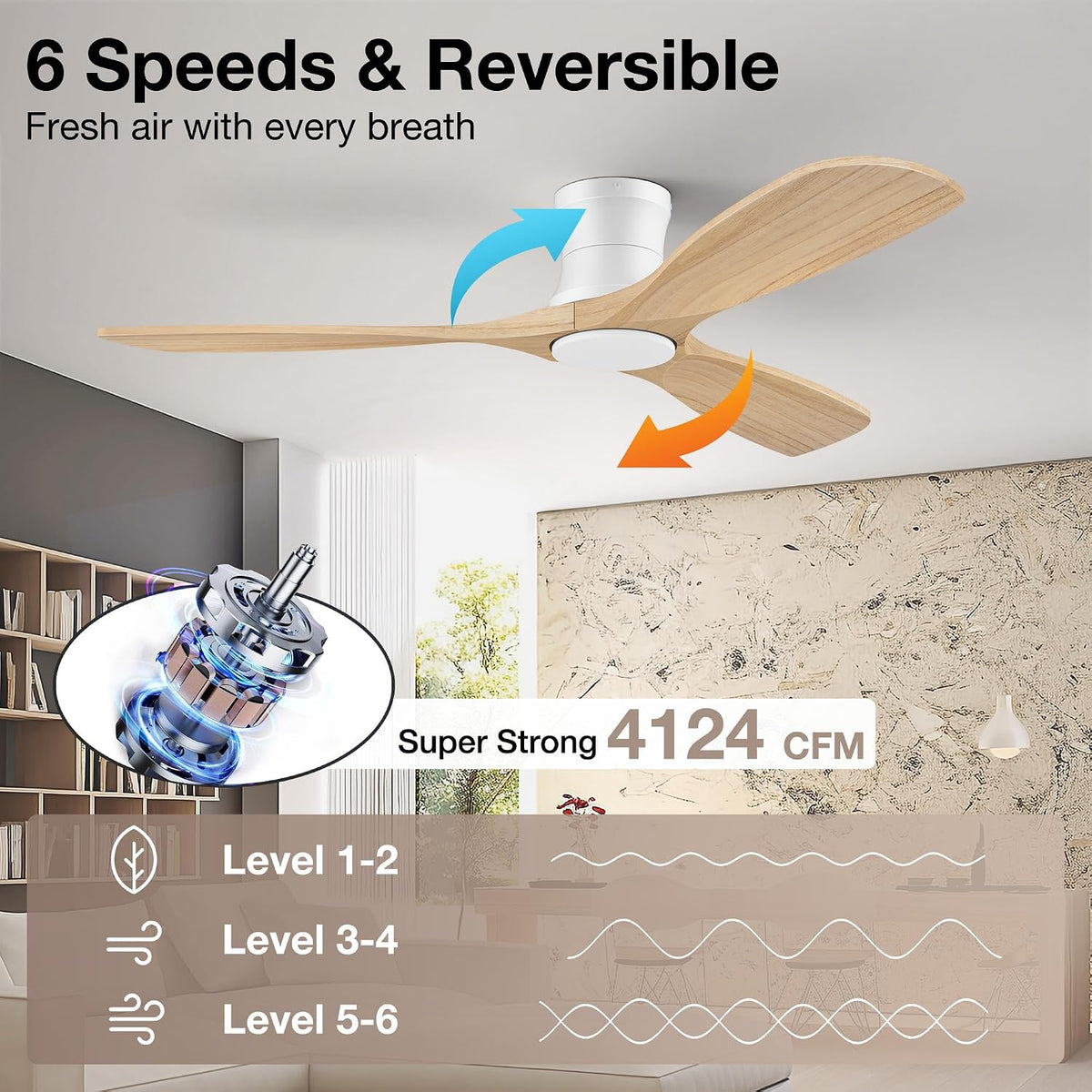 52" Wood Low Profile Ceiling Fans with Lights Remote,Flush Mount,Smart