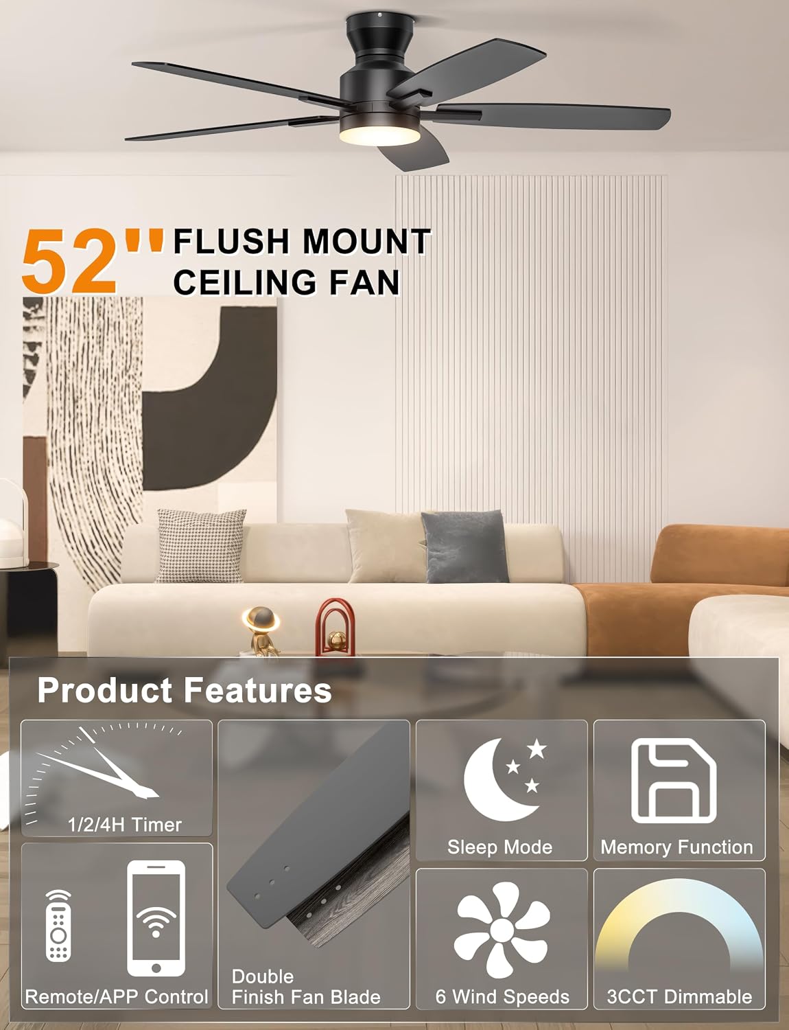Ohniyou 52'' Low Profile Ceiling Fan with Lights, Remote/APP Control,...