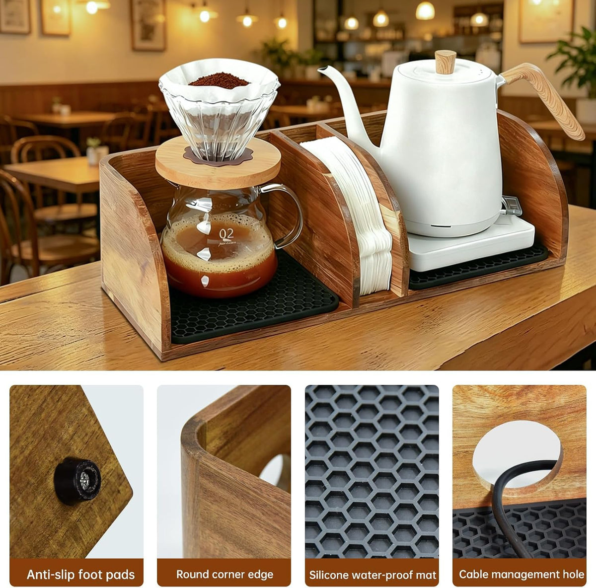 Acacia Coffee Bar Station Organizer Stand Caddy for Chemex Pour Over Maker