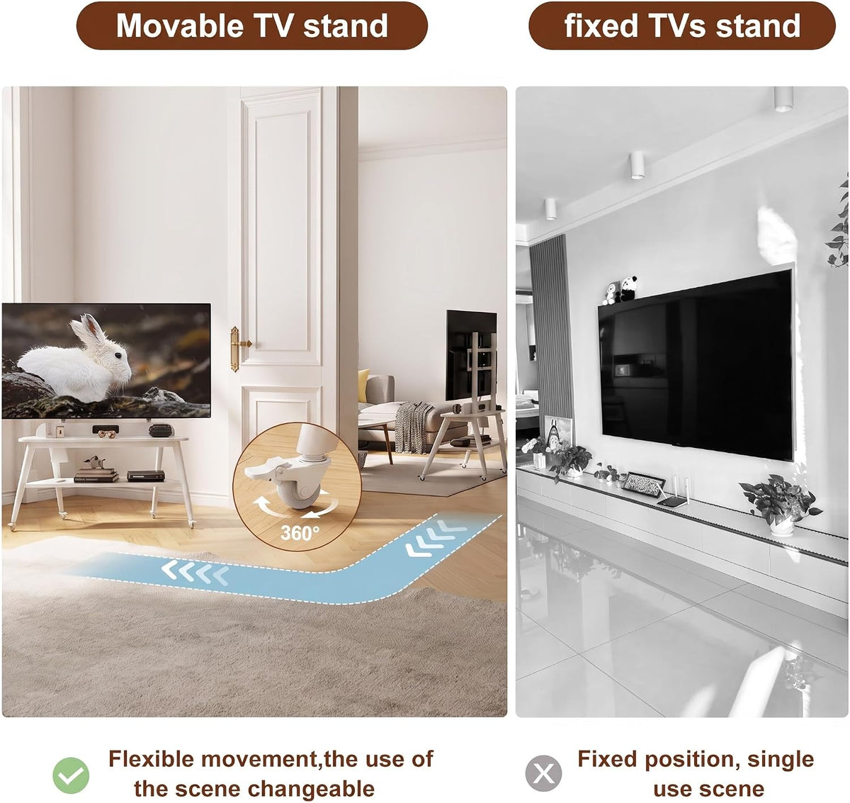 Solid Wood Rolling TV Stand with Power Outlet, Mobile TV Stand