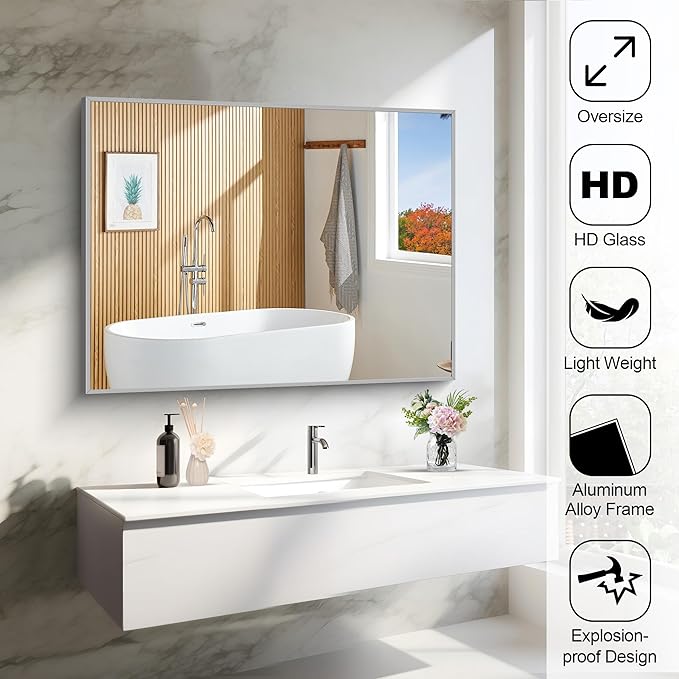 30x40In Silver Bathroom Mirror for Wall, Brushed Nickel Rectangle Mirrors