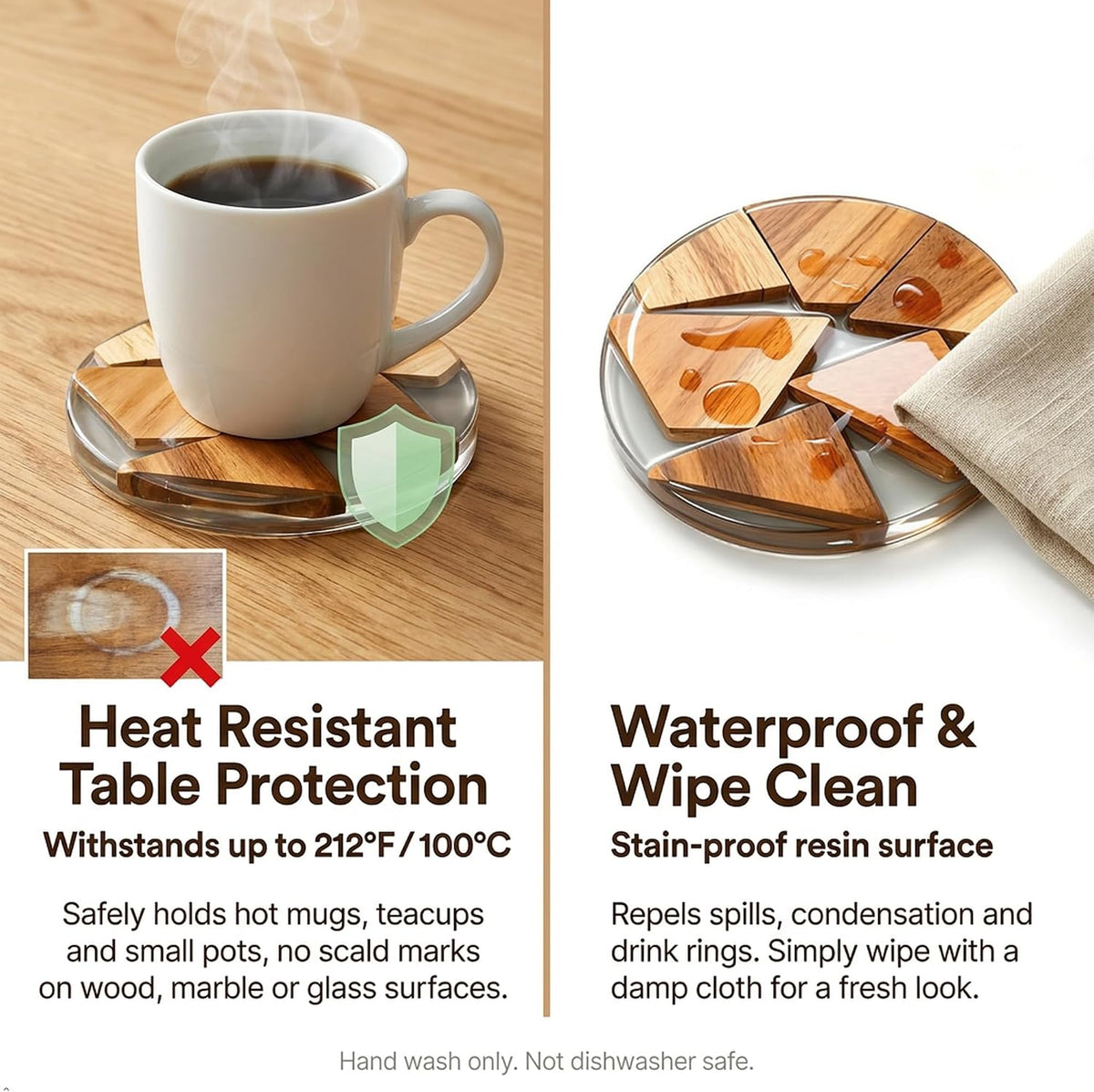 Decorative Acacia Wood Resin Coasters 4 Pack with Holder 4 Inch