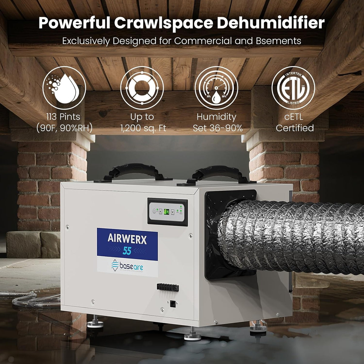 BaseAire 113 Pint Crawl Space Dehumidifier with Drain Hose
