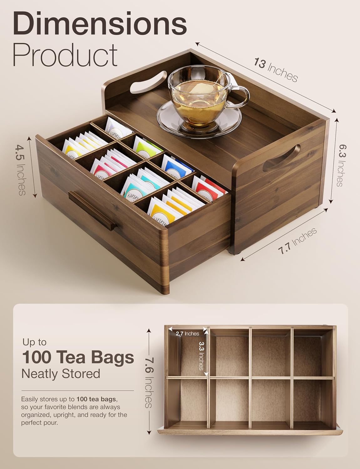 Acacia Wooden Tea Box Organizer with Drawer for Countertop Display