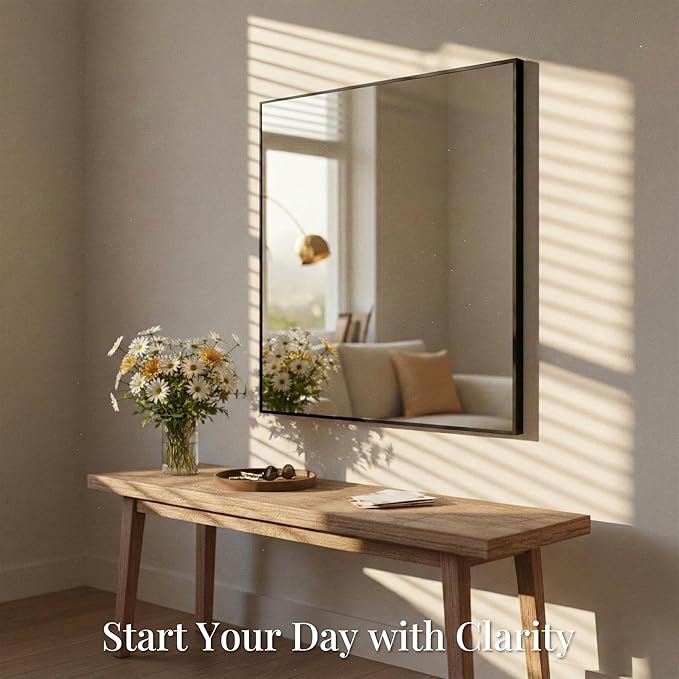 30''x30'' Square Black Bathroom Mirror, Matte Metal Framed Wa...
