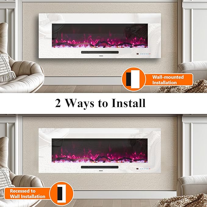 50" Electric Fireplace, Recessed & Wall Mounted Fireplace Heater 13 ...