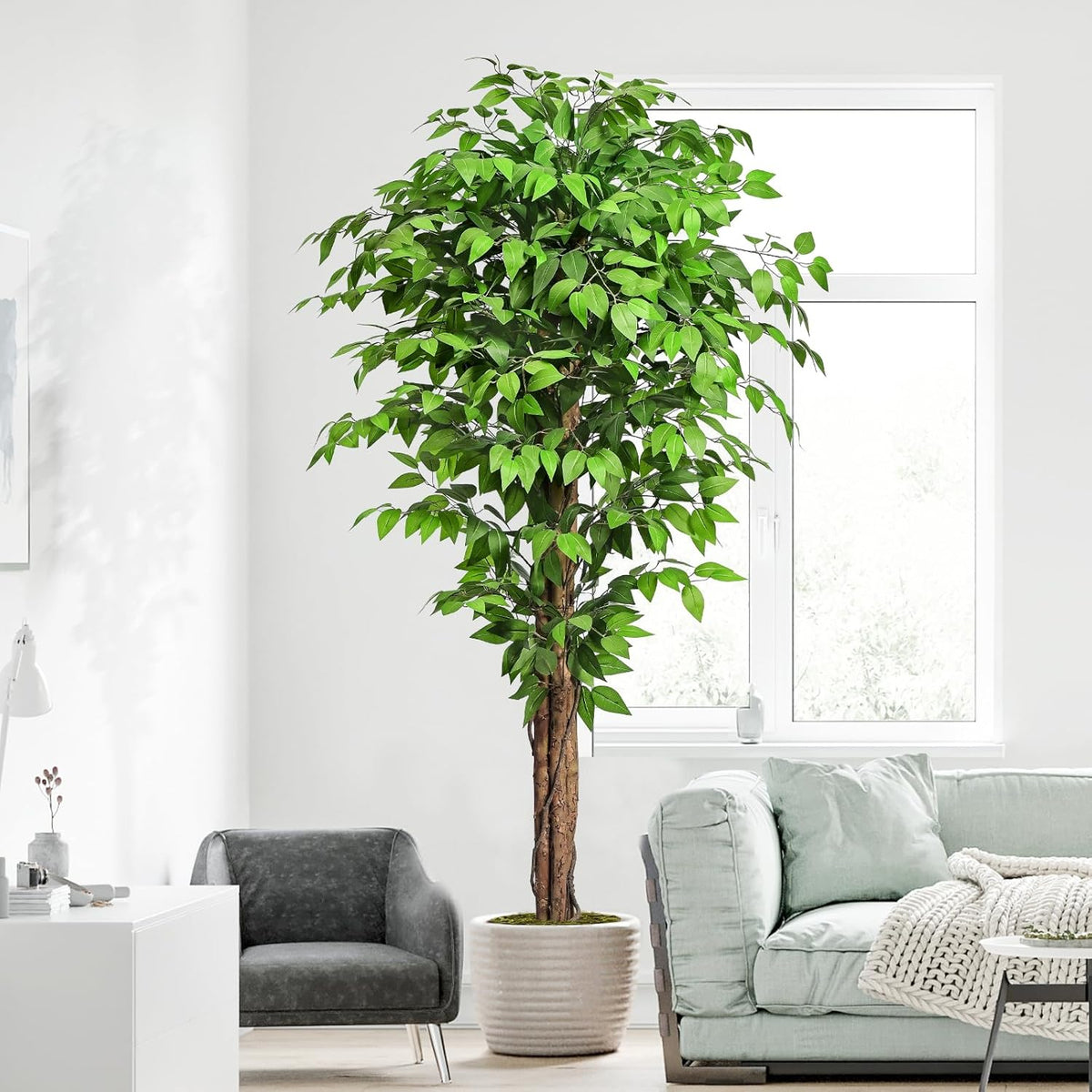 6.2ft Ficus Artificial Trees with 3 Natural Curved Trunks, 74" Tall Lush...