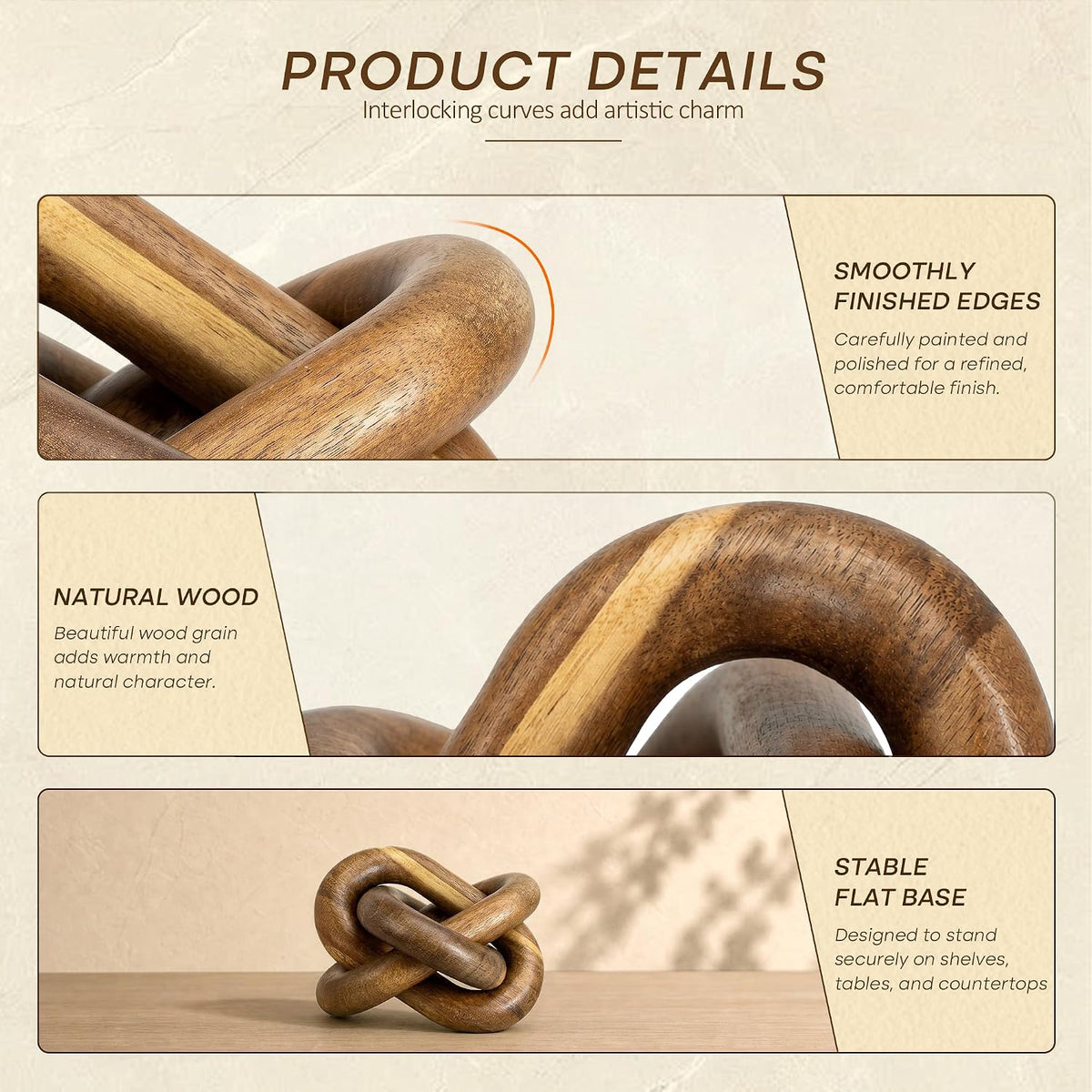 EOSAHR Acacia Wood 3 Link Wood Knot Decor for Coffee Table, Brown