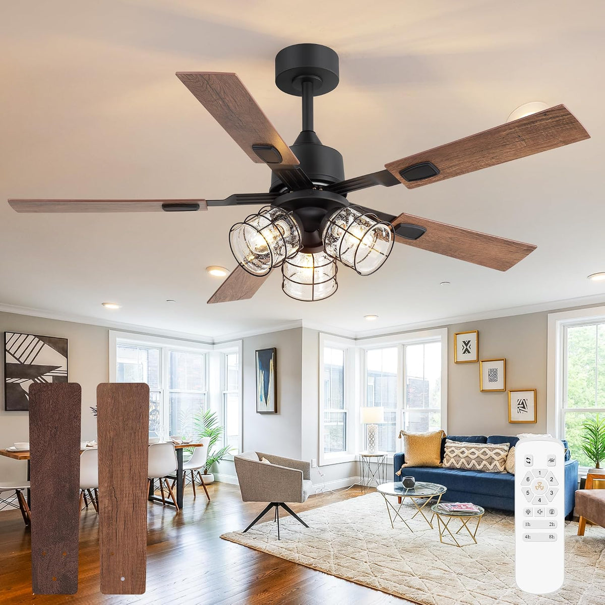 ZYD 52 Inch Farmhouse Ceiling Fan with Lights, Rustic Wood Fan with Remote