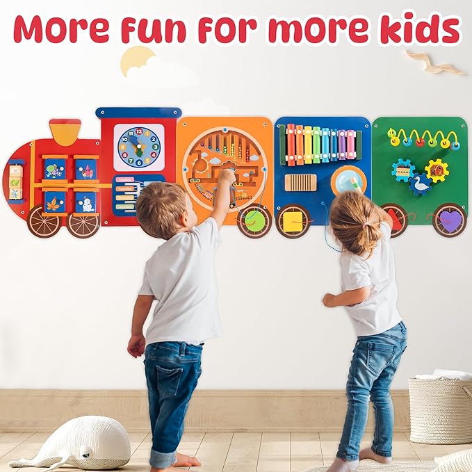 Train Activity Wall Busy Board Panels | 11-in-1 Wooden Sensory Wall Panel