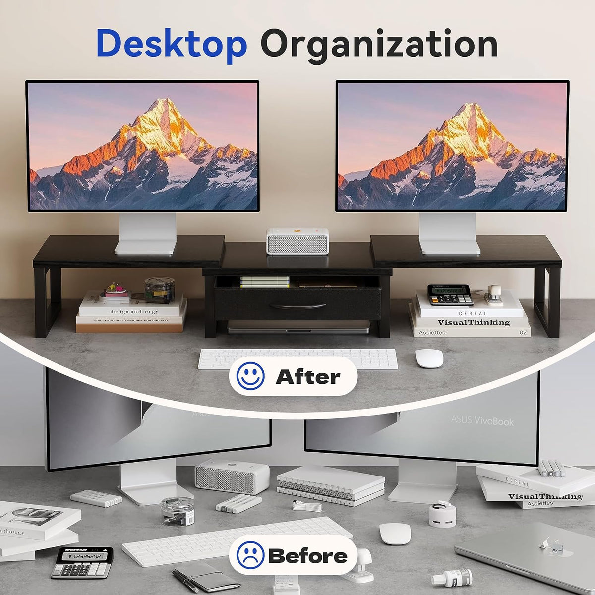 Dual Monitor Stand Riser, Desk Organizers and Accessories with Drawer, Comput...