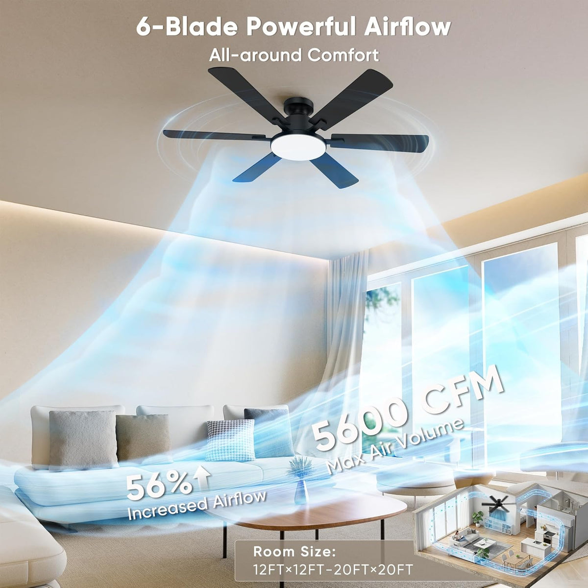 52'' Ceiling Fan with Light Remote/APP Control for Living Room