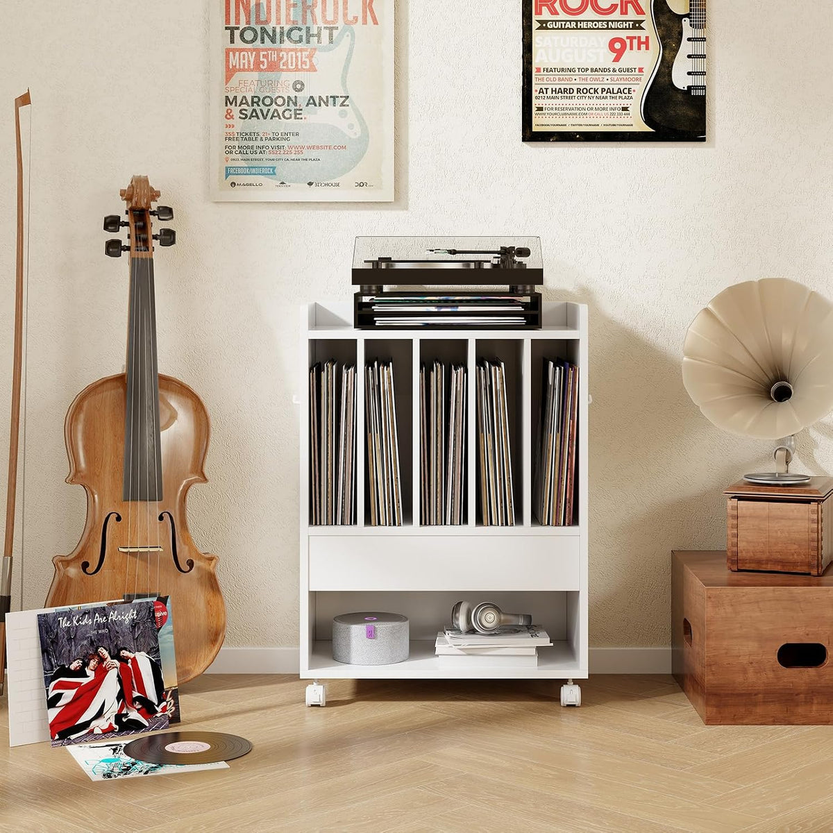 Rolling Record Player Stand with 4 Wheel, 5 Compartments, White