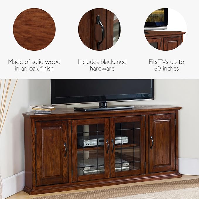 Leick Home Riley Corner TV Stand 60 in, Burnished Oak, Solid Wood, Beveled