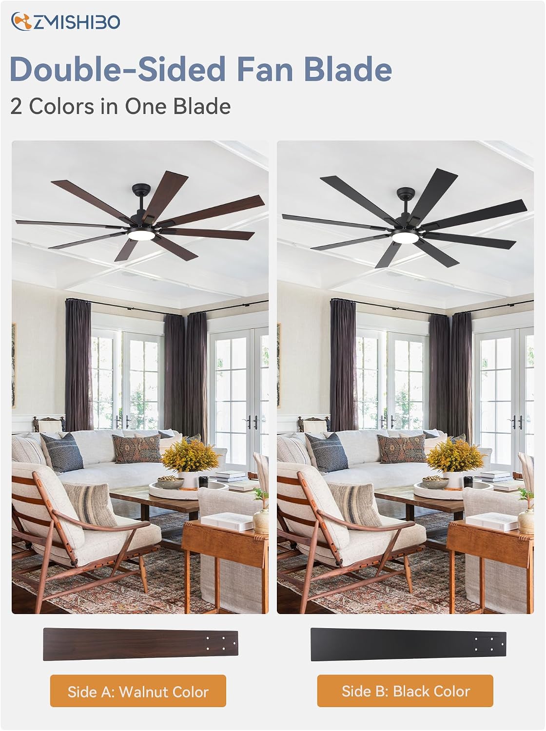 ZMISHIBO 72" Ceiling Fans with Lights for Patio, Living Room, Remote
