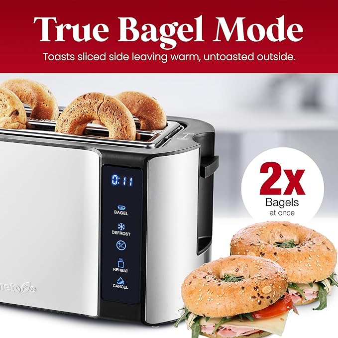 Elite Gourmet ECT5322 Long Slot 4 Slice Toaster, Countdown Timer, Bagel