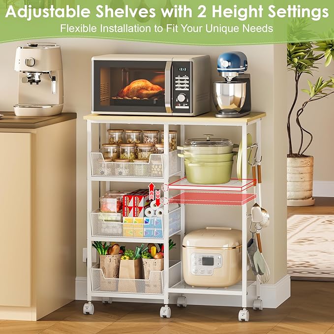 Rolling Kitchen Storage Microwave Cart & Kitchen Island on Wheels, Adjust...