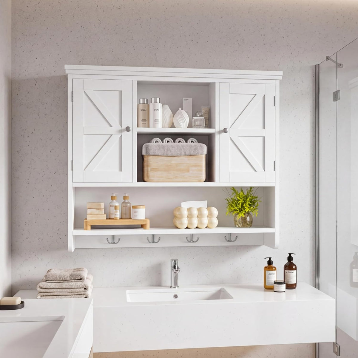 Keehusux Farmhouse Medicine Cabinet with Barn Doors and Hooks, White