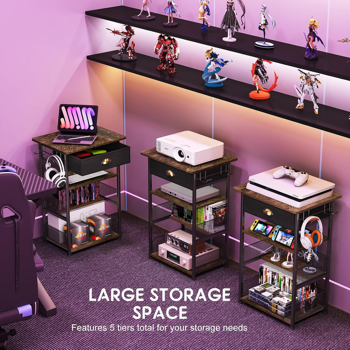 Hongtamoya 4-Tier AV Media Stand with Drawer, Gaming Console Shelf