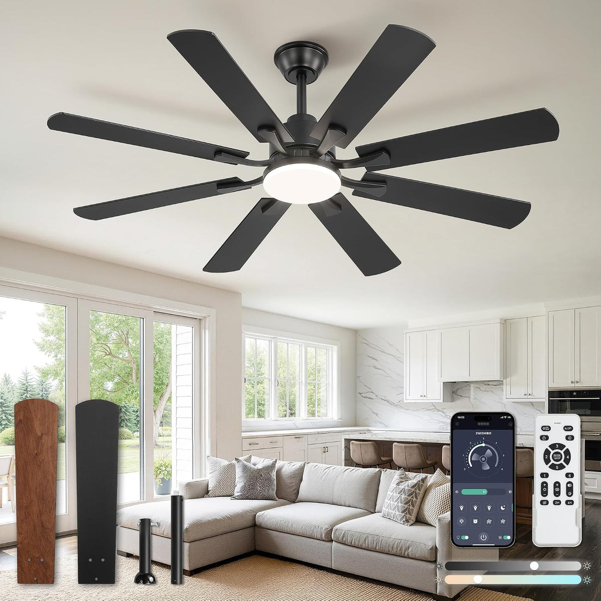 ZMISHIBO 52 inch Ceiling Fan with Light and Remote, Black