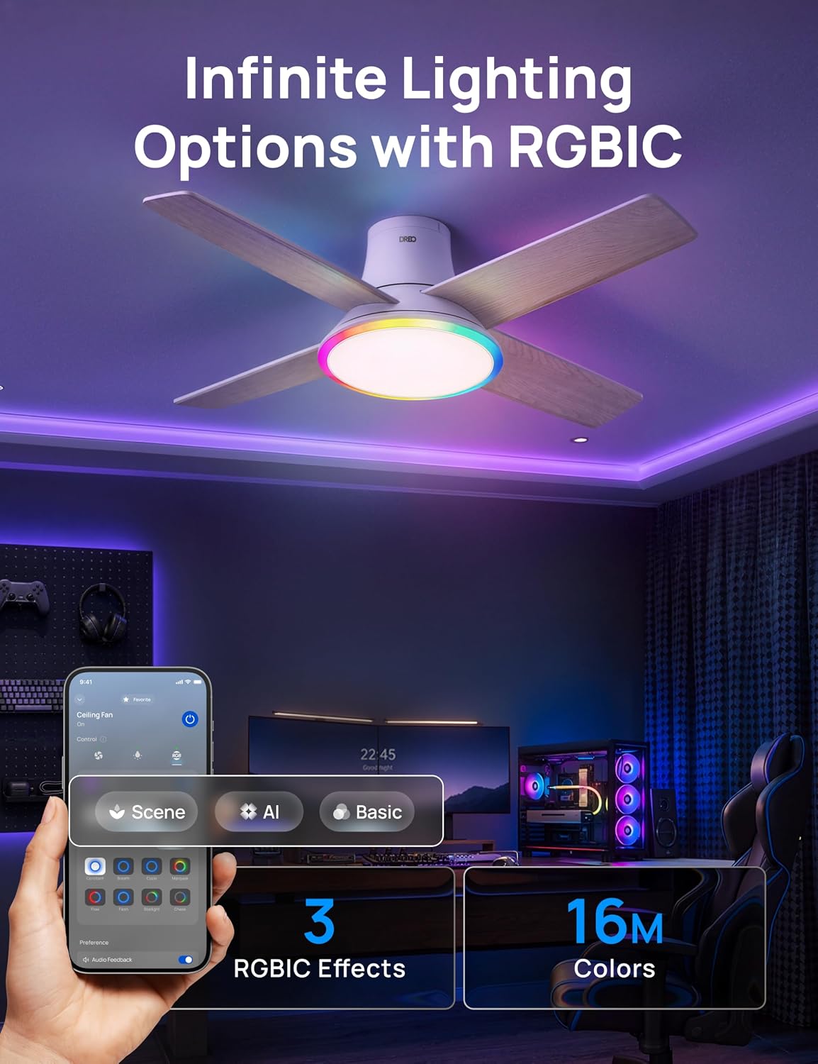DREO Ceiling Fans with Lights, 44'', RGBIC Flush Mount Smart Ceiling Fan