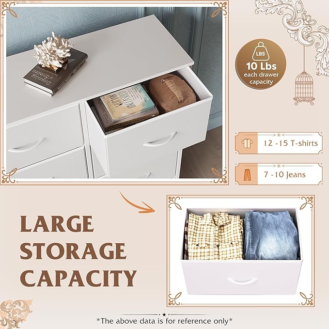 WLIVE White Dresser for Bedroom, 6 Drawer Double Dresser, Fabric Storage Tower