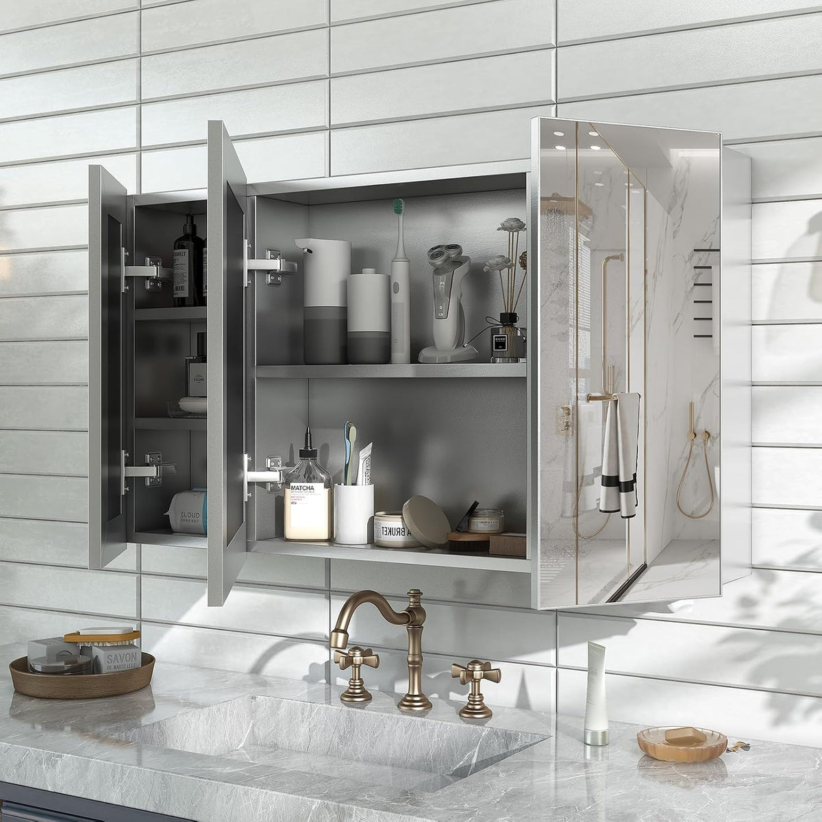 40 x 24 Silver Medicine Cabinet, Aluminum Mirror Medicine Cabinet for Bathroo...