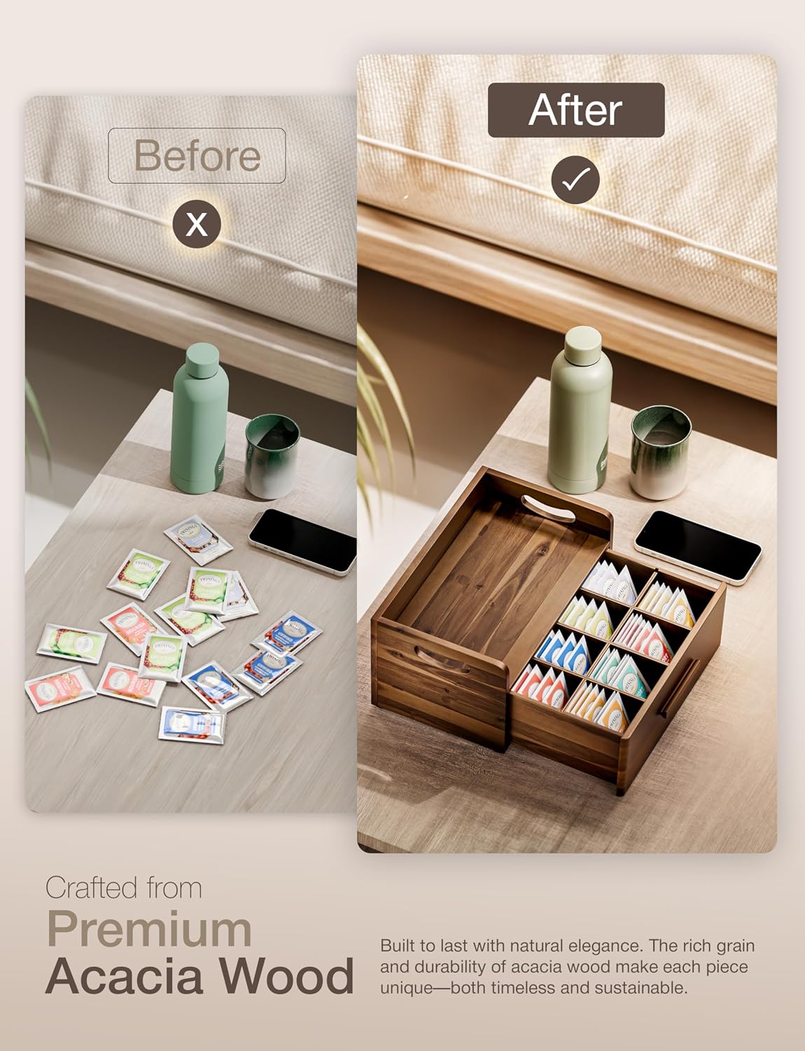 Acacia Wooden Tea Box Organizer with Drawer for Countertop Display
