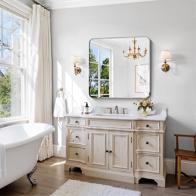 CILIBER Beveled Mirror 30"x30", Square Frameless Bathroom Mirror Ro...