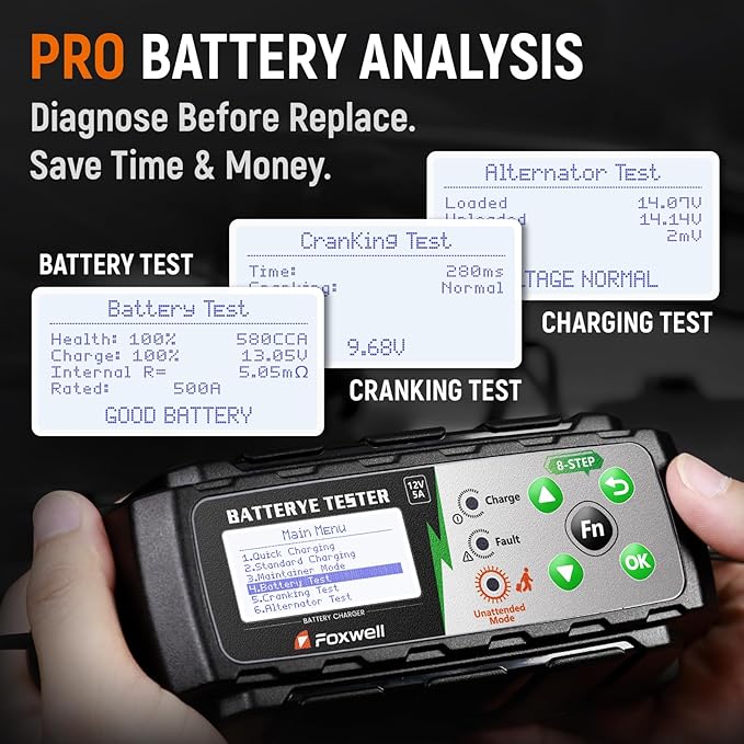 FOXWELL BC521 5A 12V Battery Charger & Tester, 4-in-1 Battery Maintainer