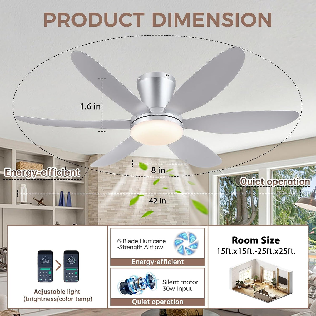 GJeg Ceiling Fans with Lights,42" Low Profile Ceiling Fan (Silver)