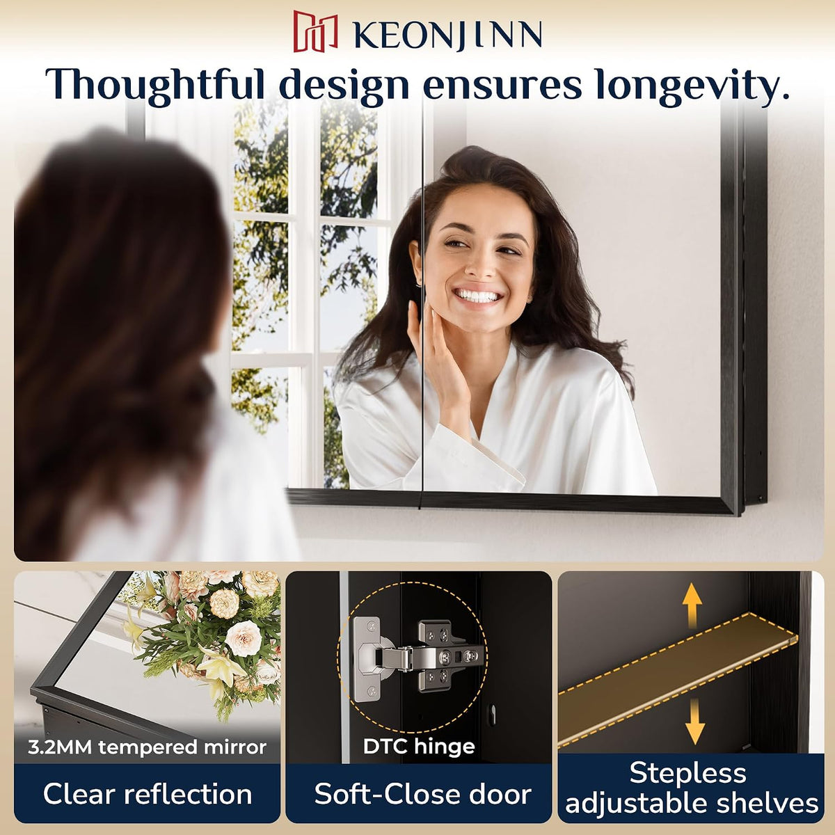 Keonjinn Matte Black Medicine Cabinet Mirror 20 x 26, Adjustable Shelves