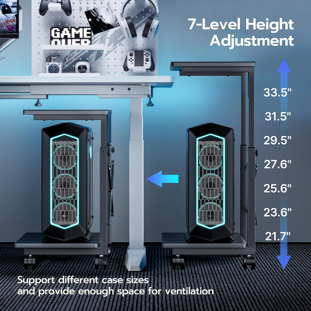 ARES WING Height Adjustable Computer Tower Stand Fits 21.7"-33.5"