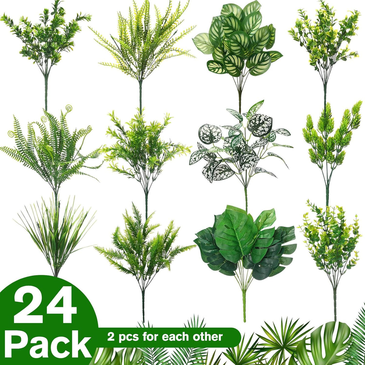 24 Pcs Artificial Outdoor Plants UV Proof, Greenery, Fresh Color