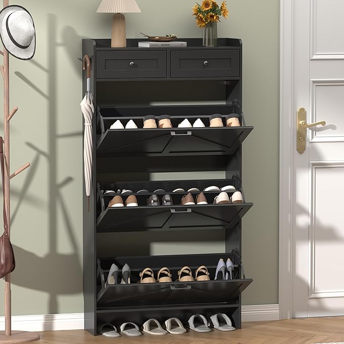 Shoe Cabinet with 3 Flip Drawers & 2 Storage Drawers, Rustic Farmhouse Na...