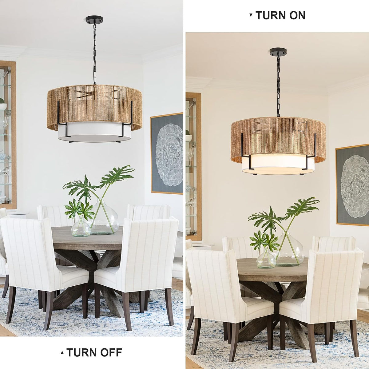 25.6" Large Rattan Chandelier for Dining Room, 6-Light Boho Pendant Light