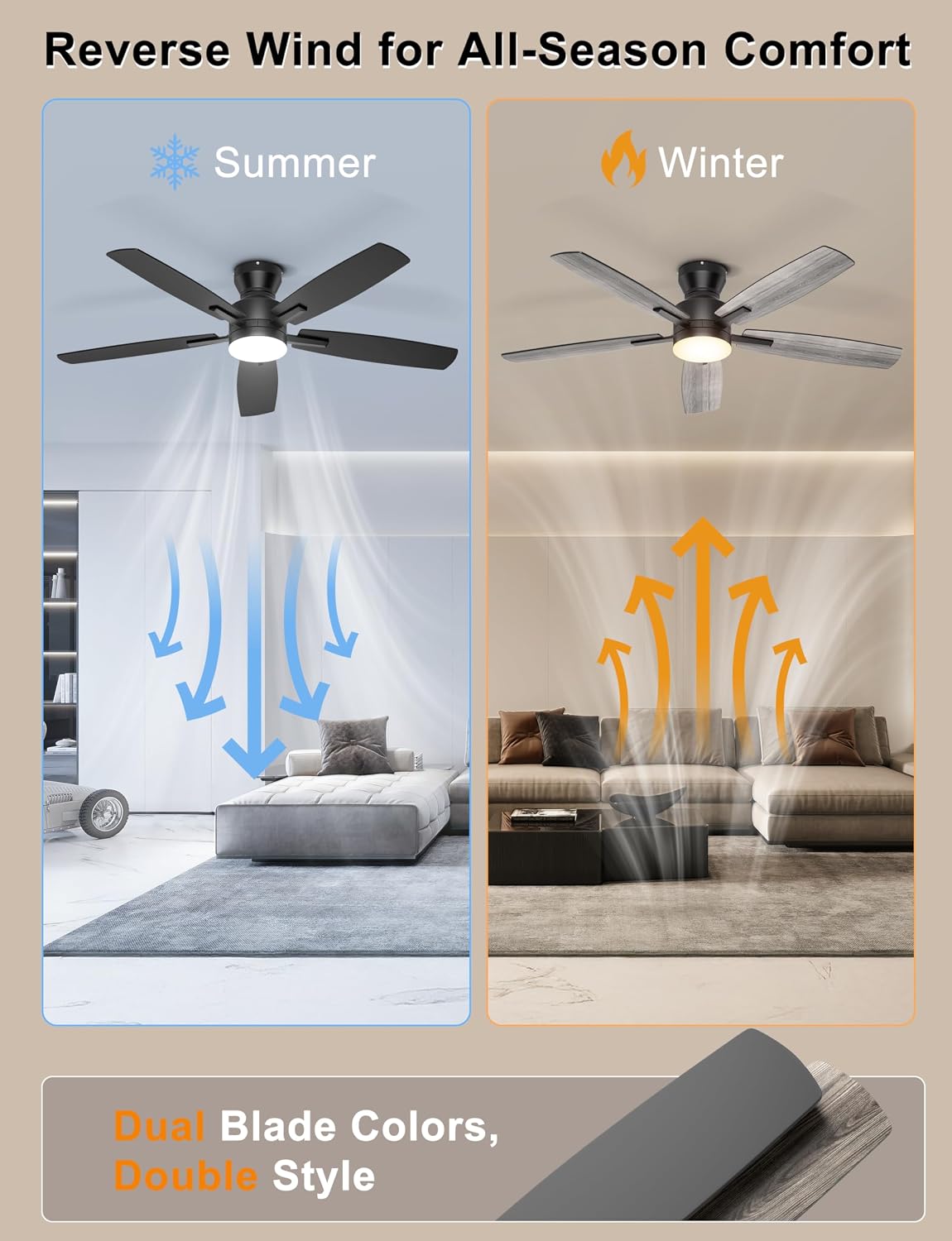 Ohniyou 52'' Low Profile Ceiling Fan with Lights, Remote/APP Control,...