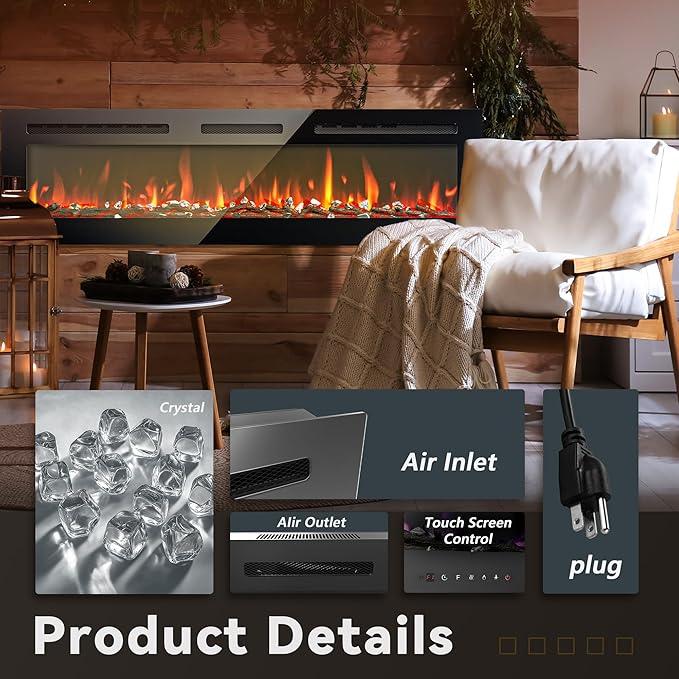 EUHOMY 60 Inch Electric Fireplace Wall Recessed and Wall Mounted
