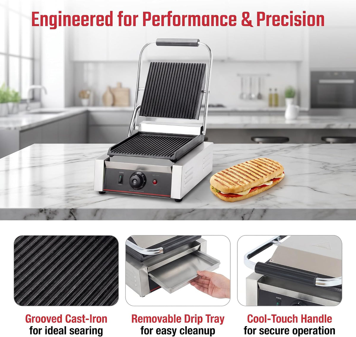 Commercial Panini Press With Grooved Grill Sandwich Maker Machine Electric