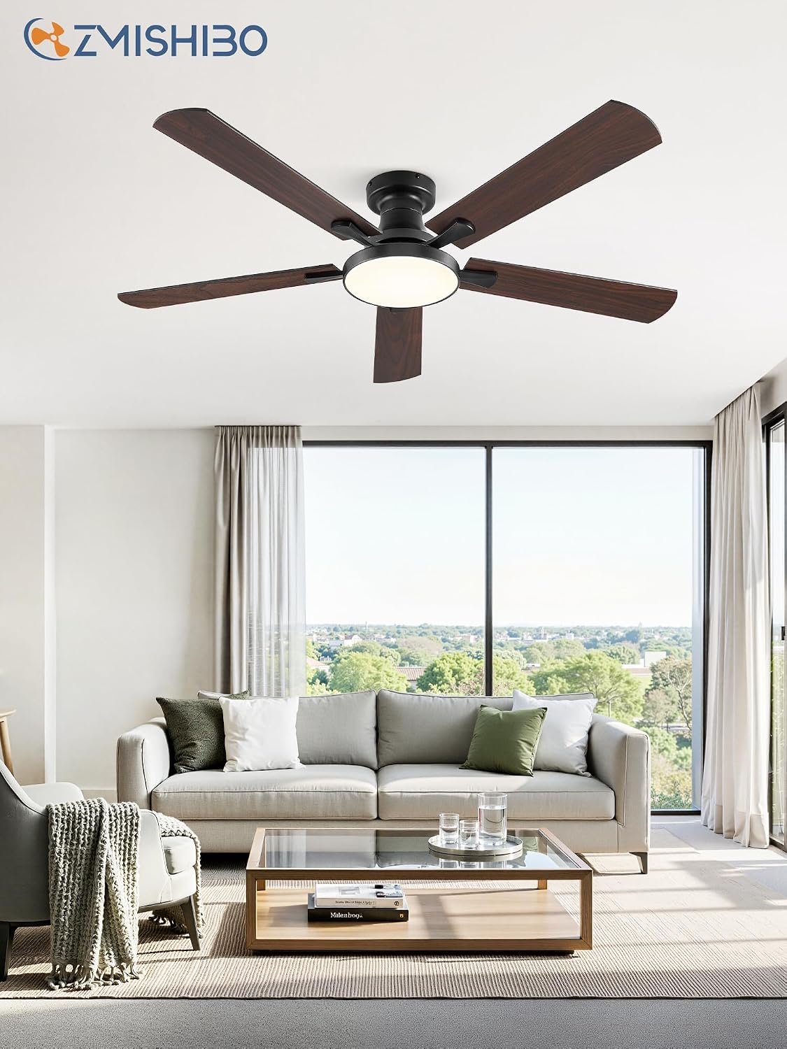 ZMISHIBO 52 Inch Flush Mount Ceiling Fan with Light, Remote&APP, Black