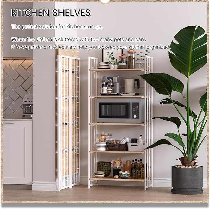 4NM No Assembly 5 Tiers Folding Bookshelf, 59.4" H Foldable Storage Shelves