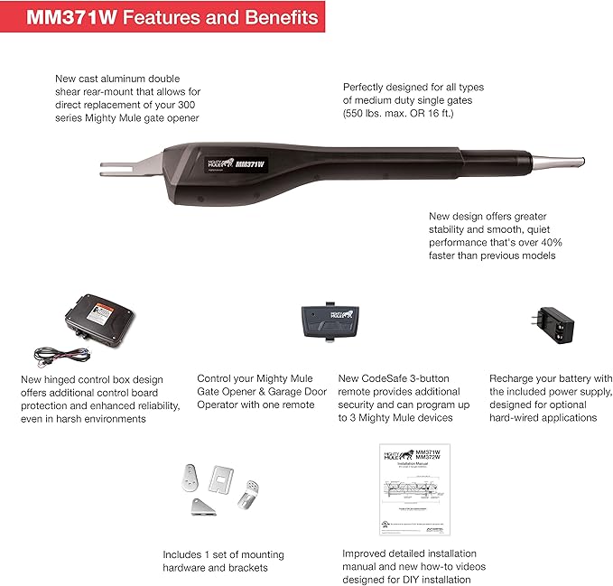 Mighty Mule MM371W Automatic Gate Opener, Smart and Solar Ready, Includes Gate