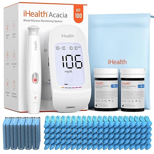 iHealth Acacia Blood Glucose Monitor Kit, 100 Glucometer Strips, 100 Lancets